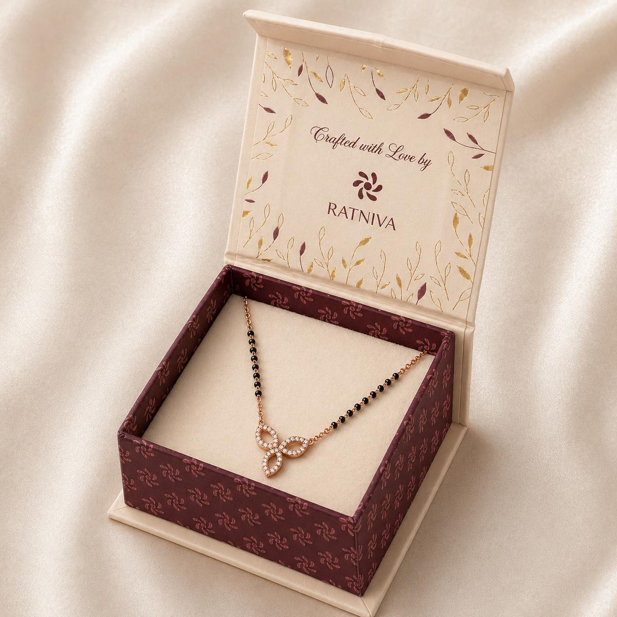Rose Gold Floral Drop Mangalsutra Ratniva jewellery packaging