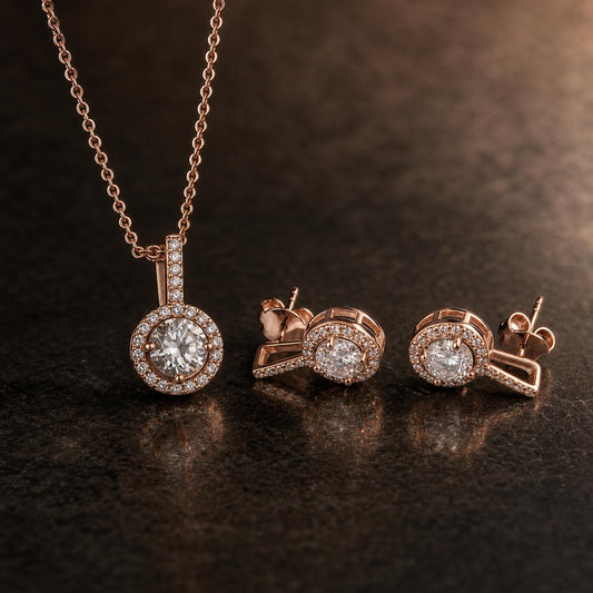 Rose Gold Solitaire Round Halo Jewellery Set product image 2