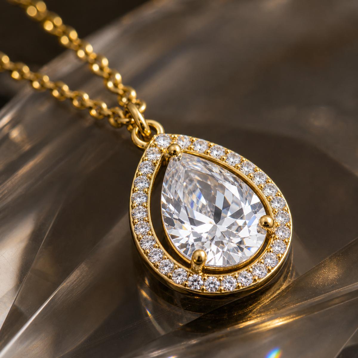 Golden Mira Pear Halo Pendant design detail