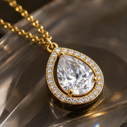 Golden Mira Pear Halo Pendant design detail