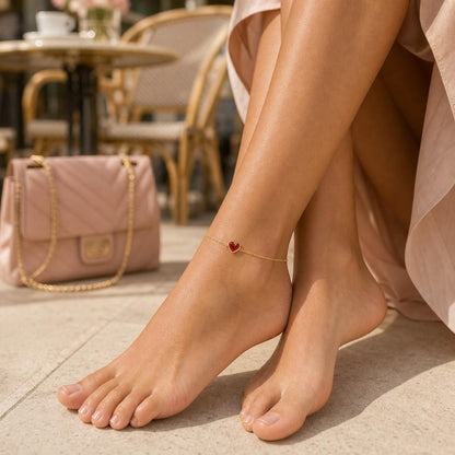 Golden Ruby Heart Anklet styled on both ankles