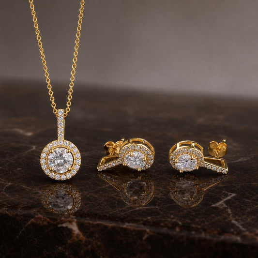 Golden Solitaire Round Halo Jewellery Set product image 2