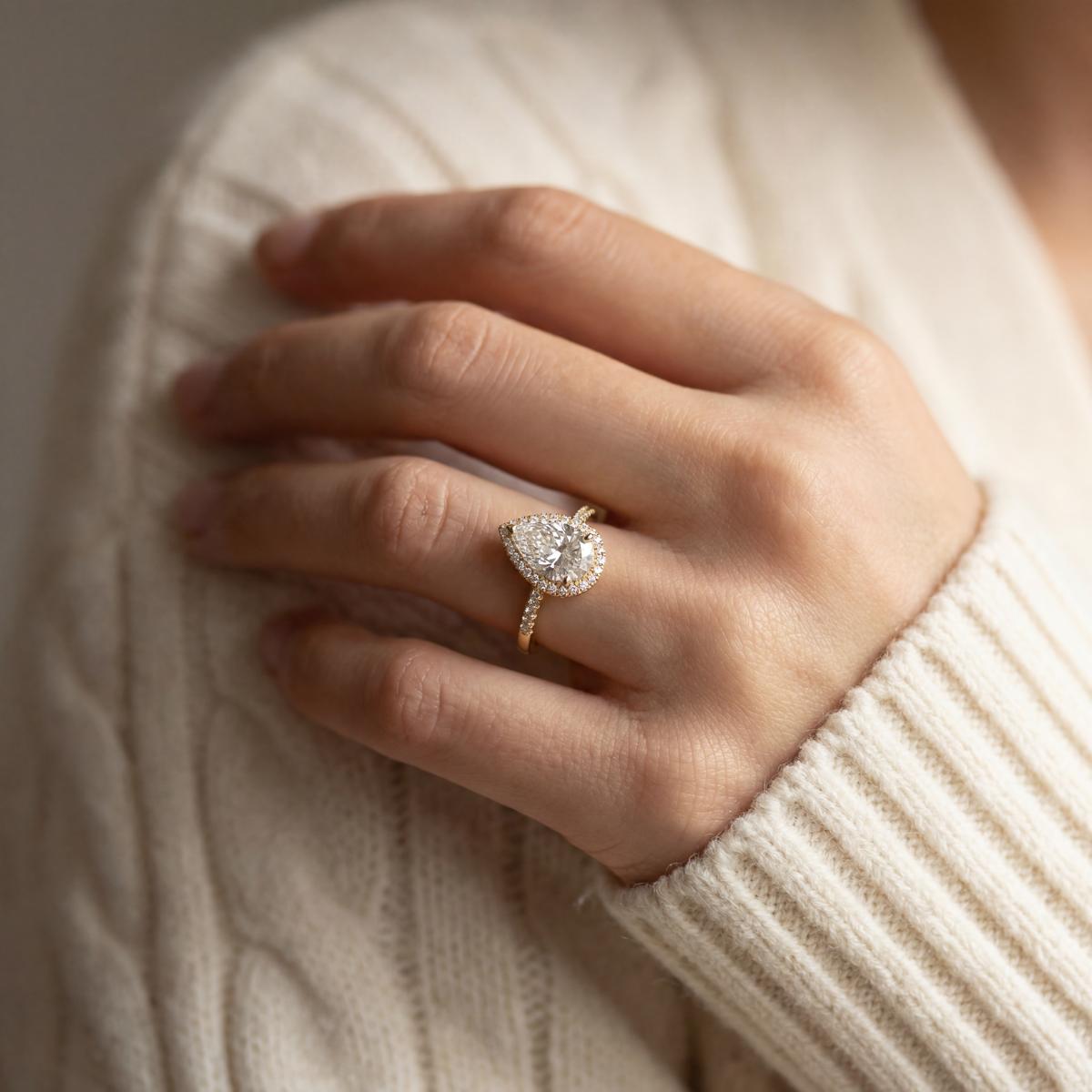 Golden Teardrop Halo Ring design detail