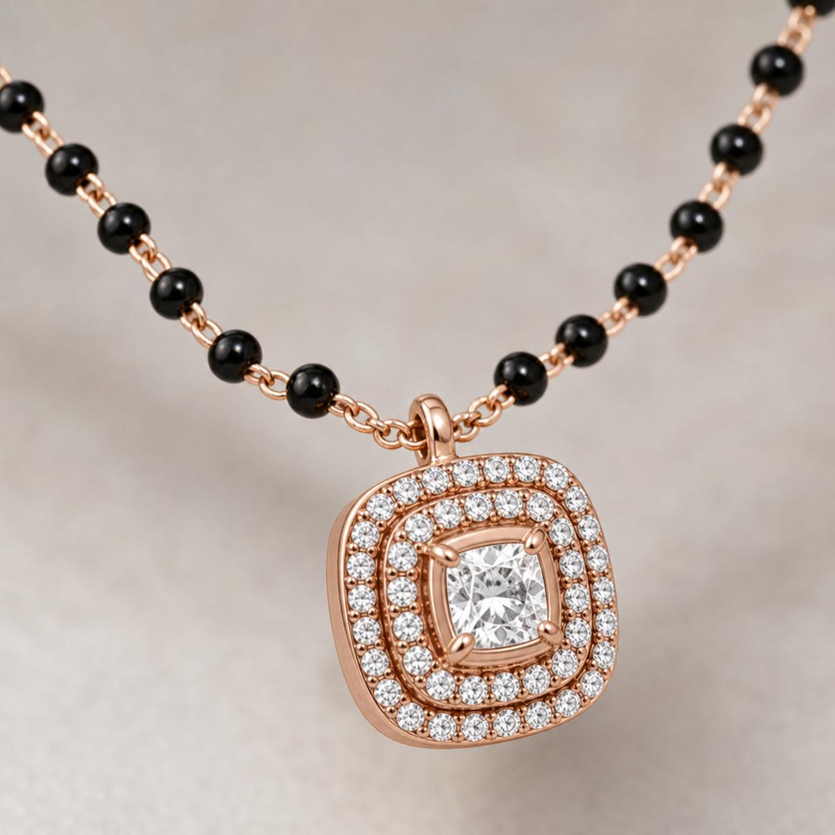 Rose Gold Cushion Halo Mangalsutra design detail