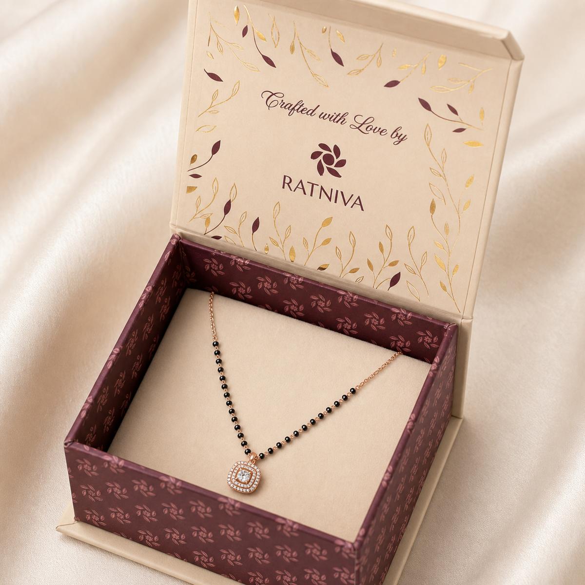Rose Gold Cushion Halo Mangalsutra Ratniva jewellery packaging