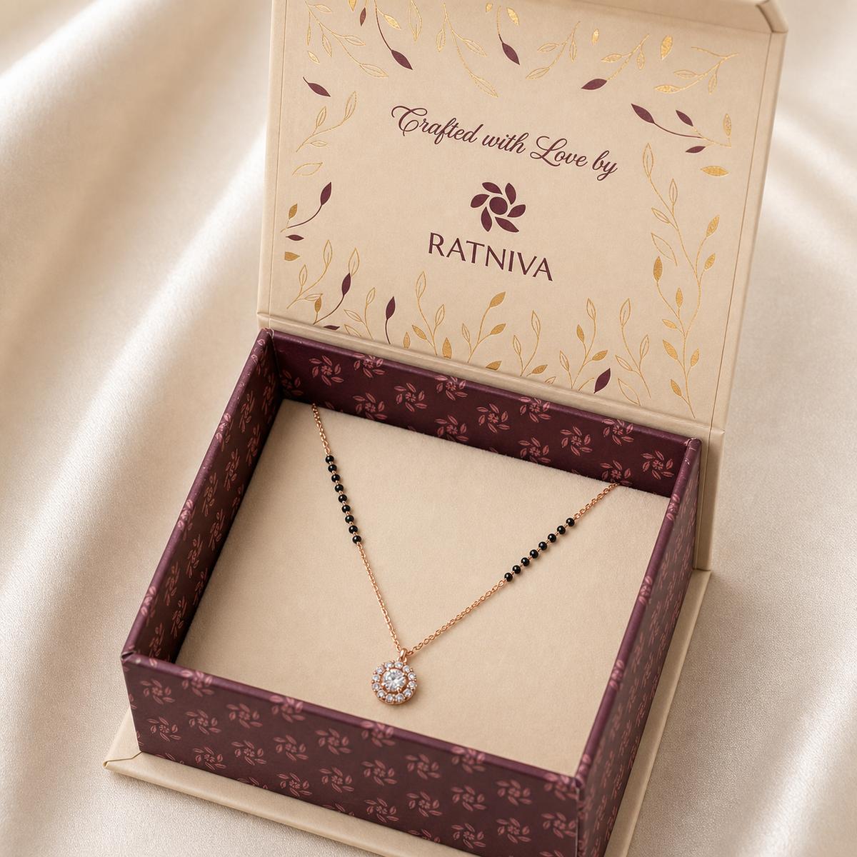 Rose Gold Dewdrop Halo Mangalsutra Ratniva jewellery packaging