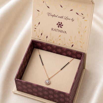 Rose Gold Dewdrop Halo Mangalsutra Ratniva jewellery packaging