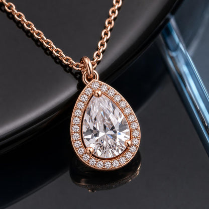 Rose Gold Mira Pear Halo Pendant design detail
