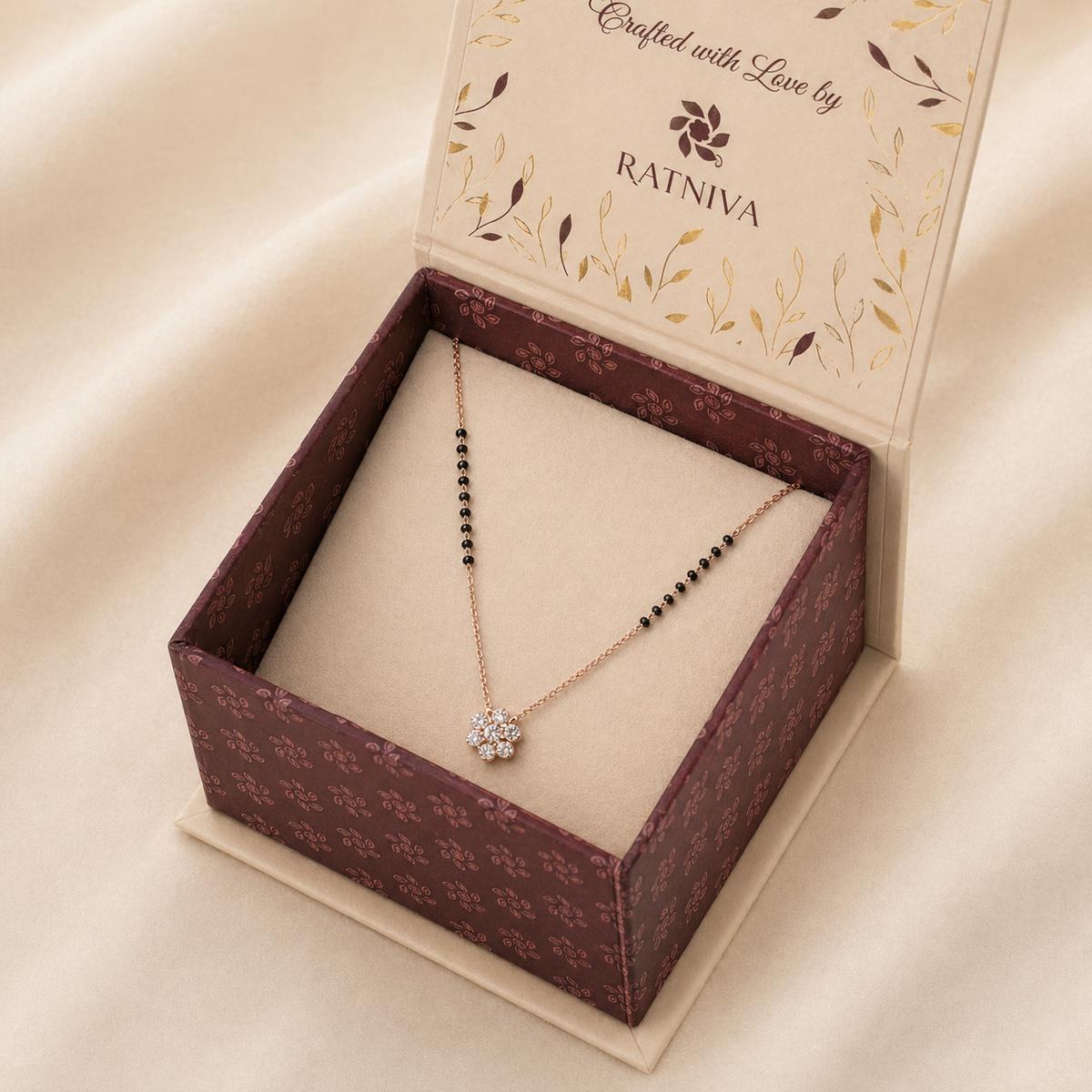 Rose Gold Petal Spark Mangalsutra Ratniva jewellery packaging
