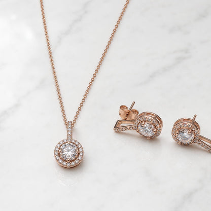 Rose Gold Solitaire Round Halo Jewellery Set product image 1