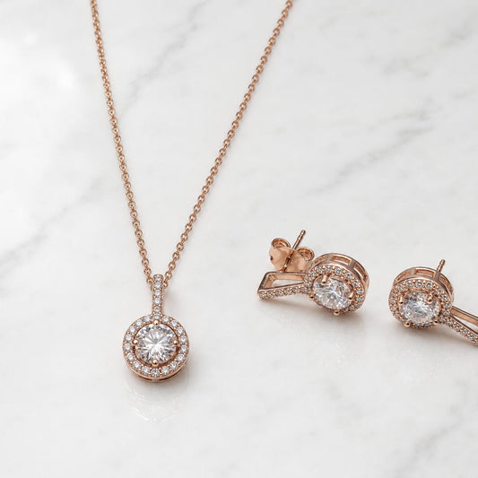 Rose Gold Solitaire Round Halo Jewellery Set product image 1