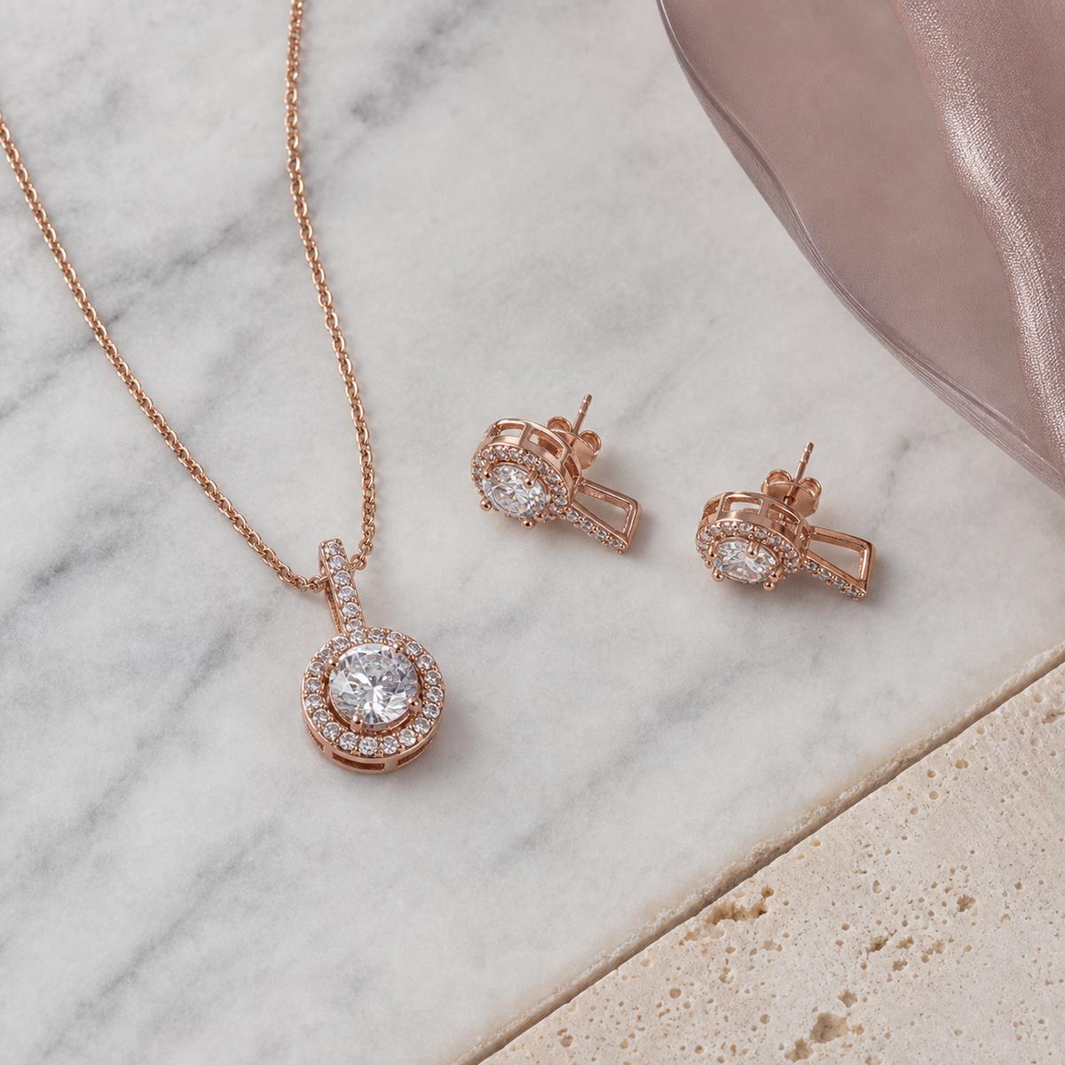Rose Gold Solitaire Round Halo Jewellery Set product image 3