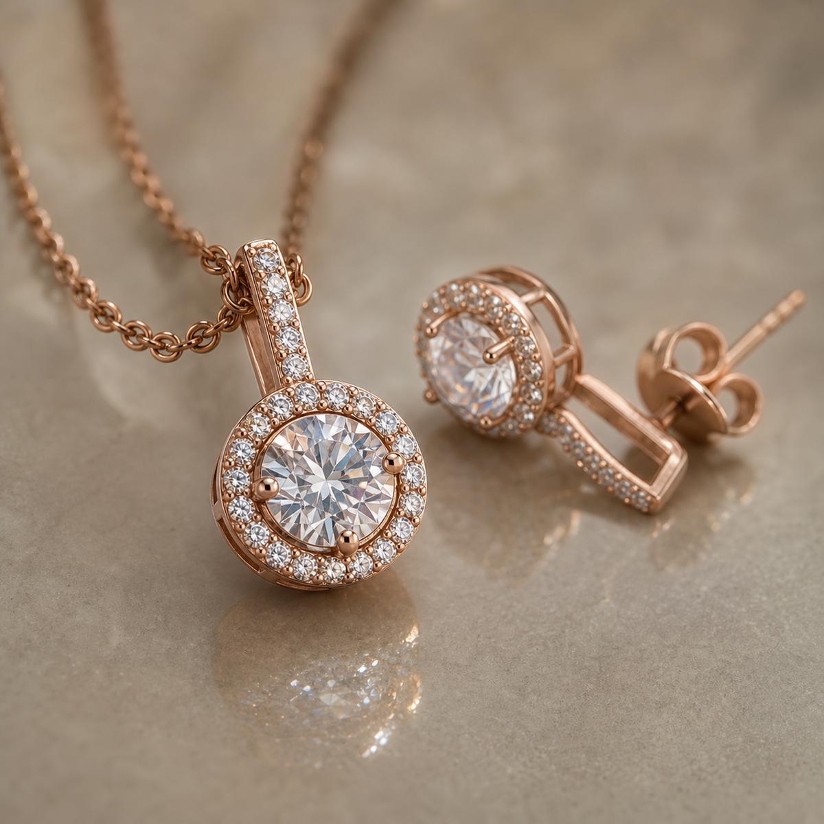 Rose Gold Solitaire Round Halo Jewellery Set product image 4
