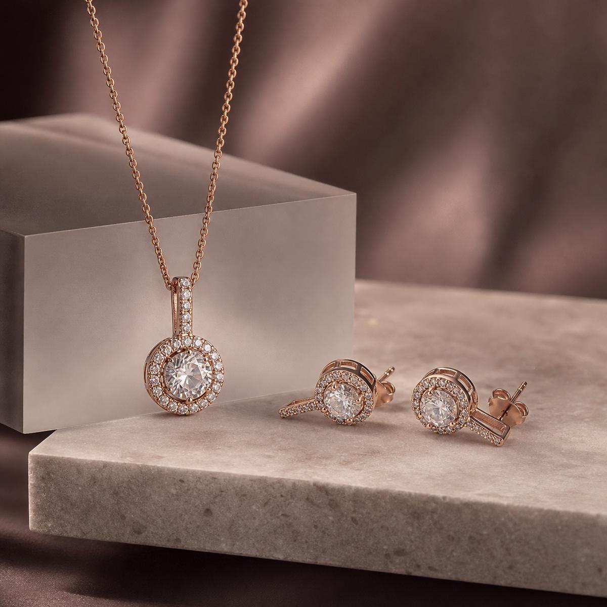 Rose Gold Solitaire Round Halo Jewellery Set product image 5