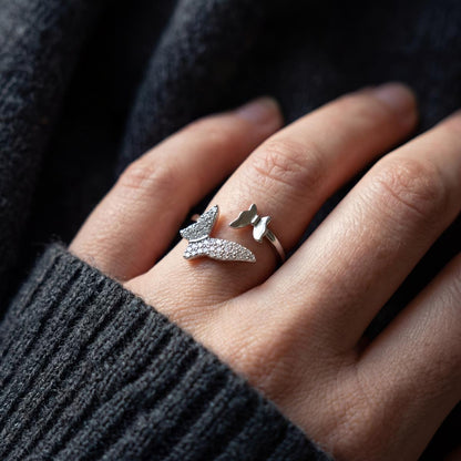 Silver Adjustable Butterfly Spark Ring design detail