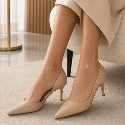 Silver Diamond Halo Anklet styled on both ankles