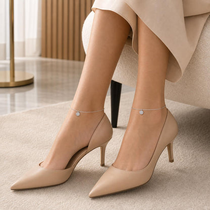 Silver Moonlit Disc Anklet styled on both ankles