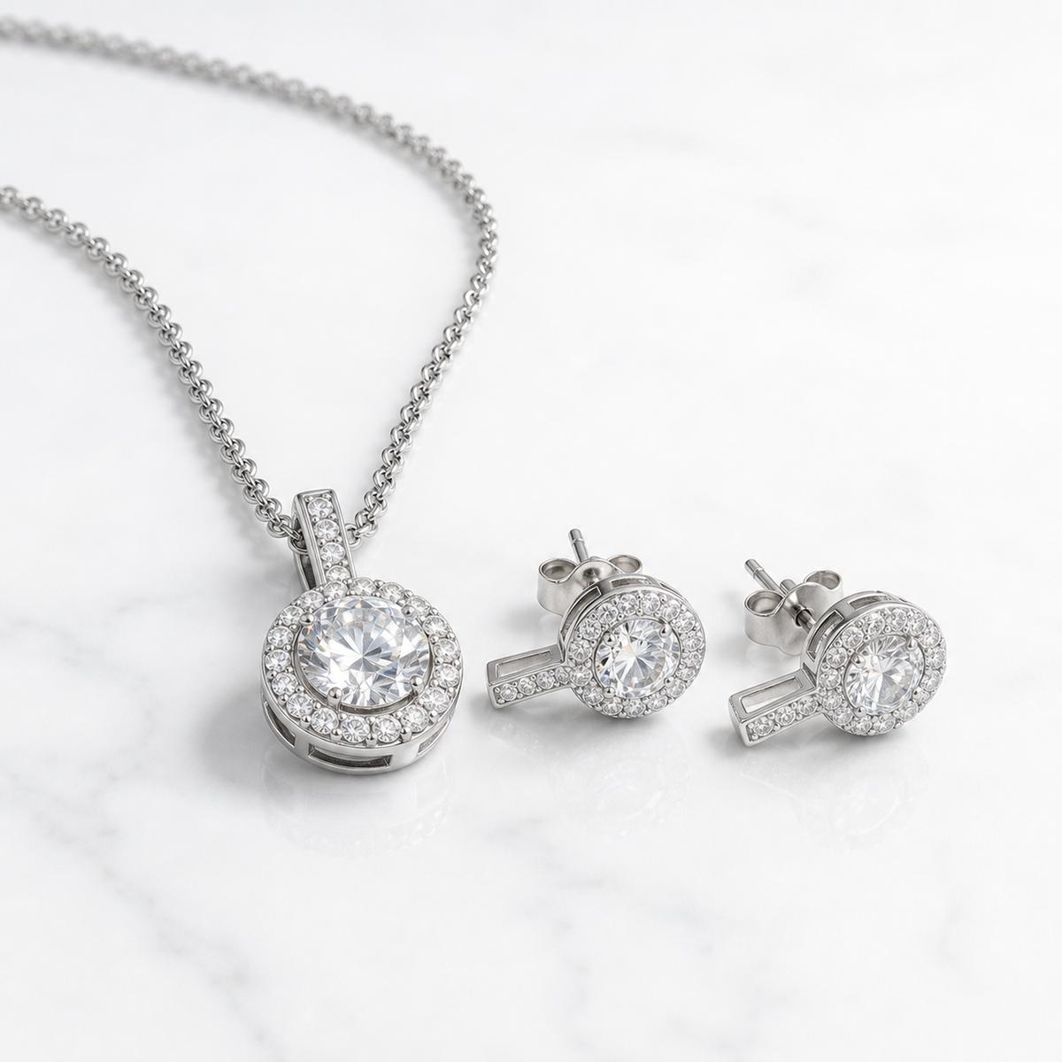 Silver Solitaire Round Halo Jewellery Set product image 1
