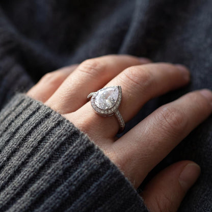 Silver Teardrop Halo Ring design detail