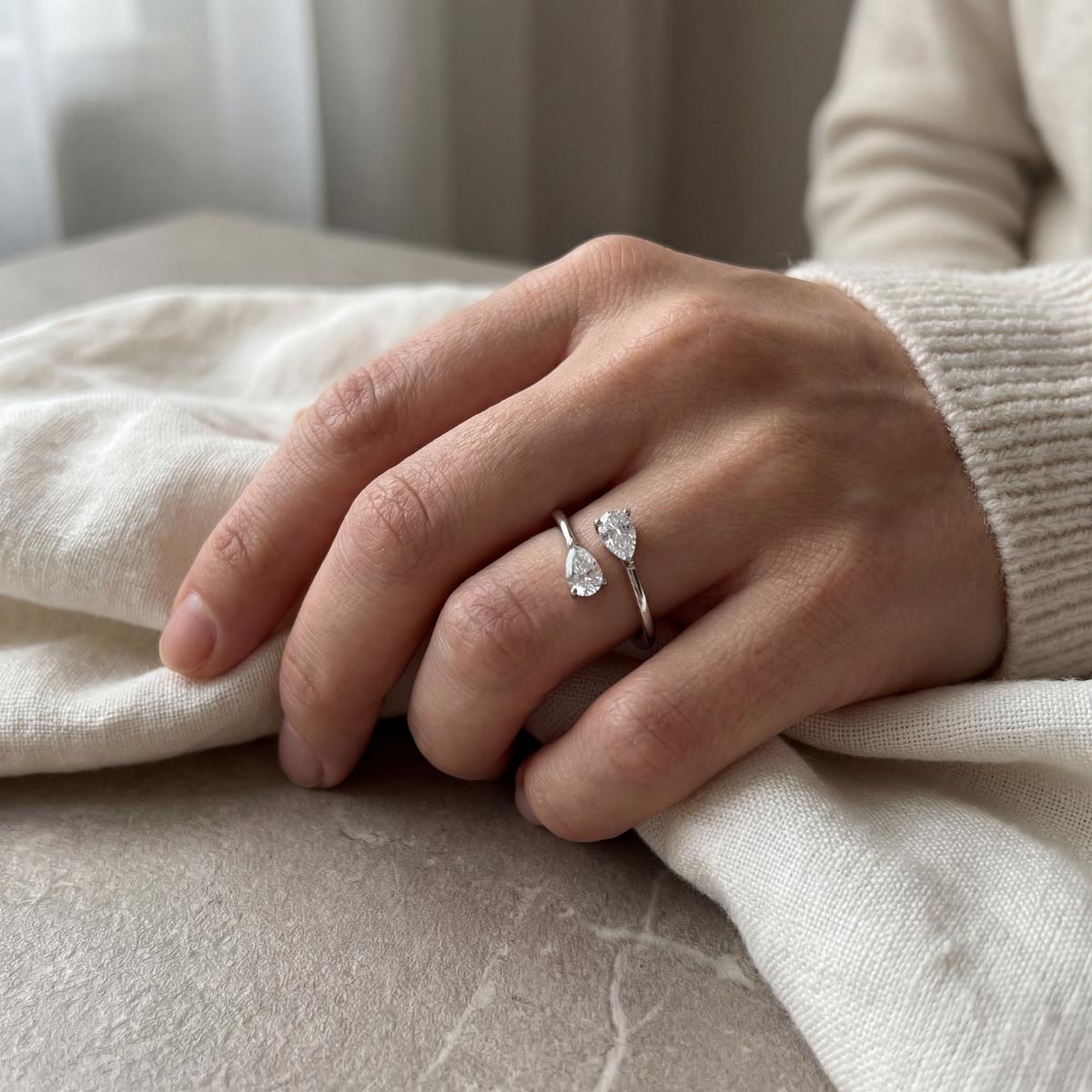 Silver Adjustable Twin Pear Ring design detail