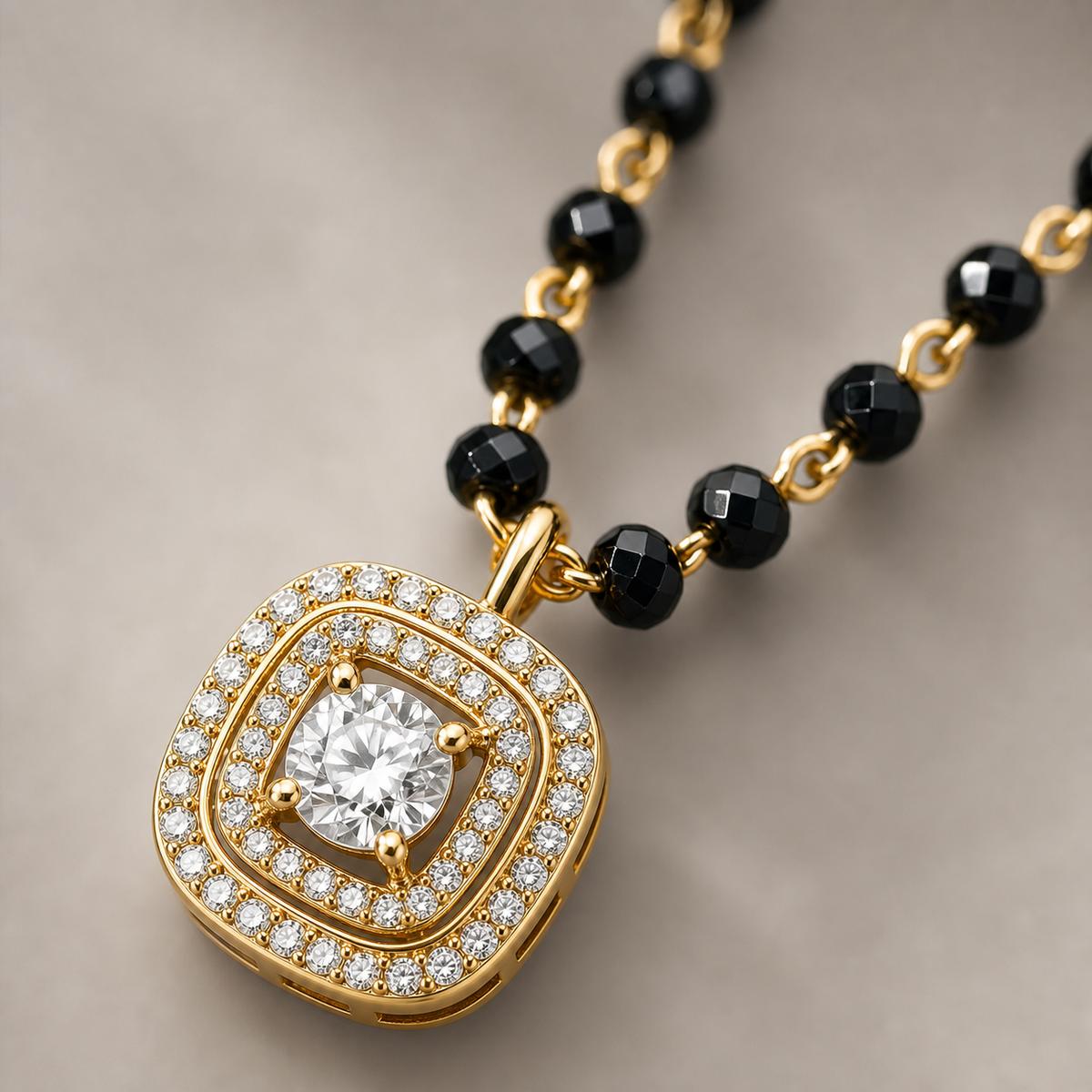 Yellow Gold Cushion Halo Mangalsutra design detail