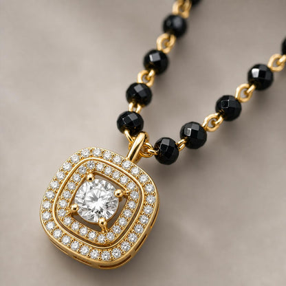 Yellow Gold Cushion Halo Mangalsutra design detail