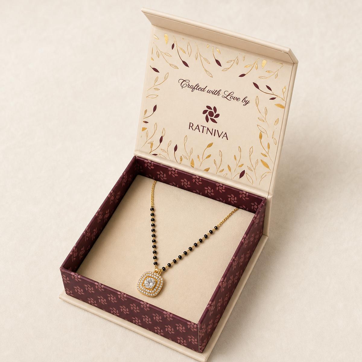 Yellow Gold Cushion Halo Mangalsutra Ratniva jewellery packaging