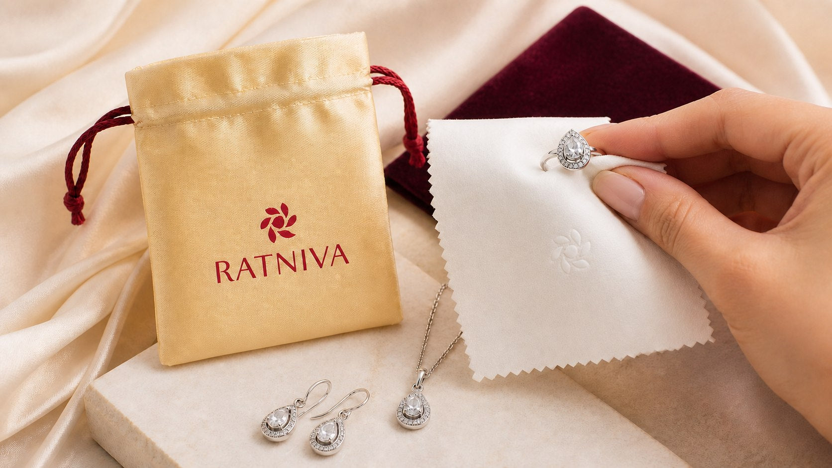 Gently cleaning Ratniva 925 silver jewellery with a soft cloth